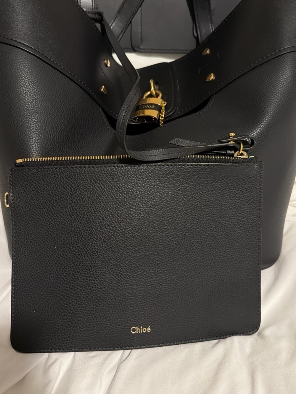 Chloé Black Leather Tote with Gold Padlock Accent - Picture 5 of 7